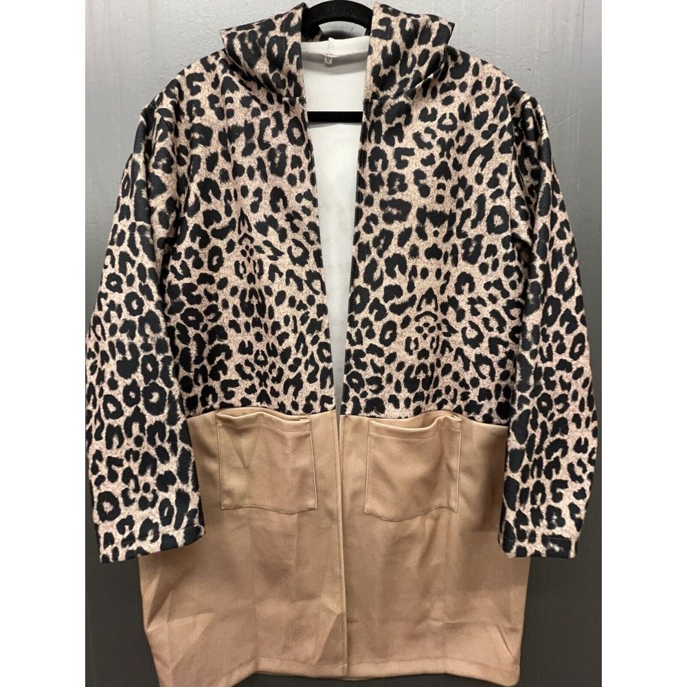 Womens‎ Jacket M Leopard Cheetah Open Front Pockets Hood Lightweight Coat